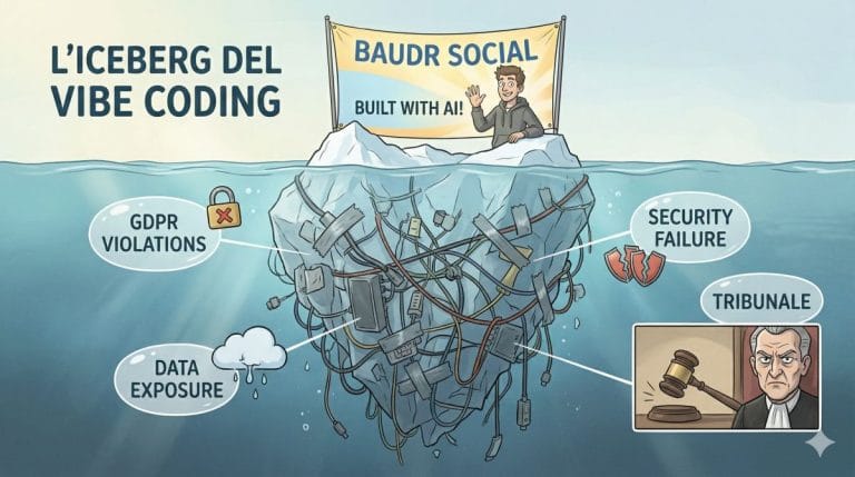 Illustrazione a iceberg che mostra i rischi nascosti del vibe coding: violazioni GDPR, data exposure, security failure e conseguenze legali